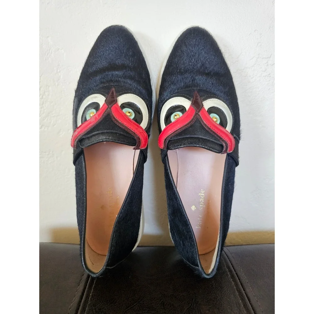 Kate Spade‎ Colie Owl Calf Fur Maximalist Extra Loafers Slide Flats sz 7